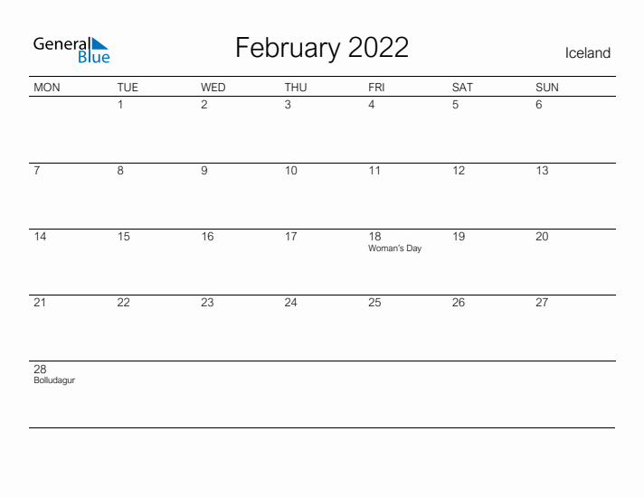 Printable February 2022 Calendar for Iceland