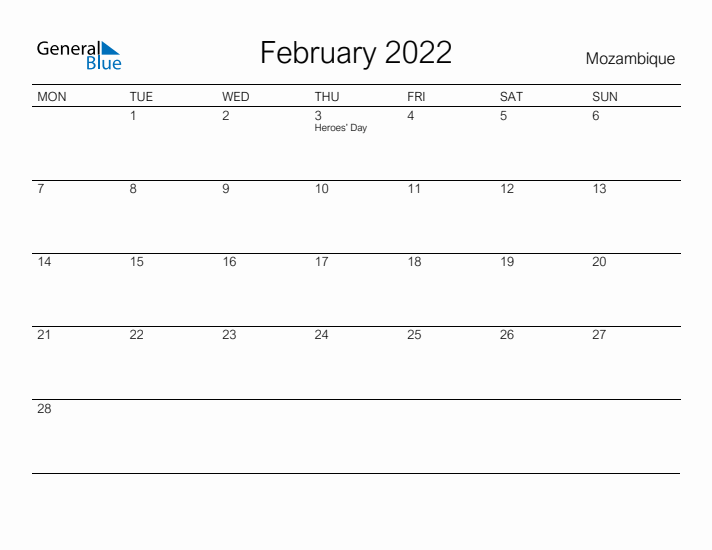 Printable February 2022 Calendar for Mozambique