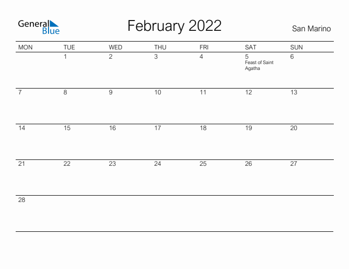 Printable February 2022 Calendar for San Marino