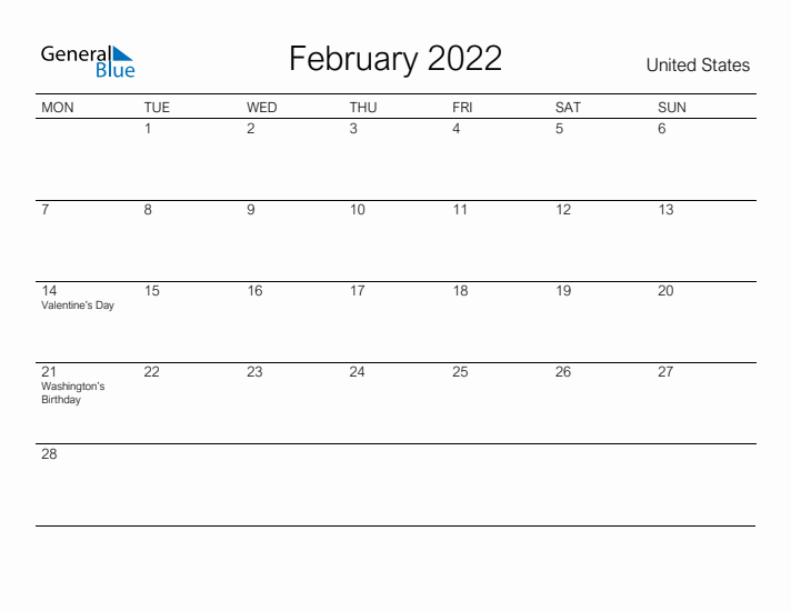 Printable February 2022 Calendar for United States