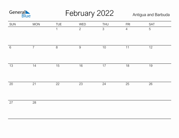 Printable February 2022 Calendar for Antigua and Barbuda