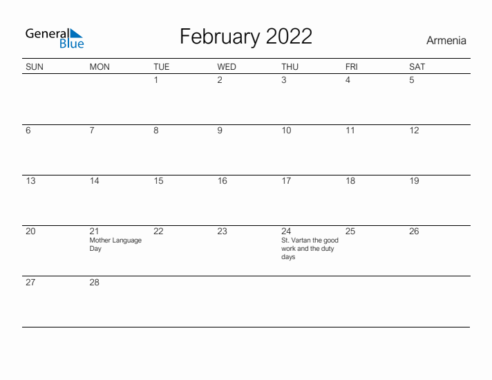 Printable February 2022 Calendar for Armenia