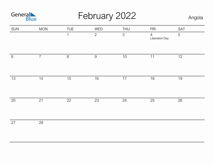 Printable February 2022 Calendar for Angola