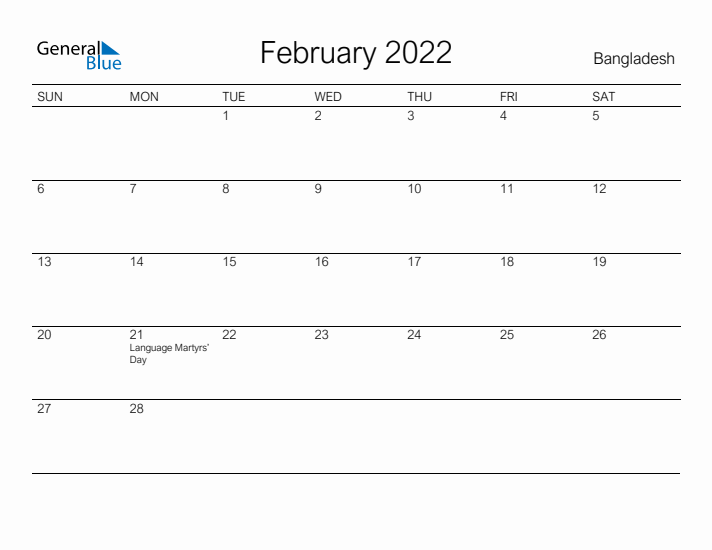 Printable February 2022 Calendar for Bangladesh