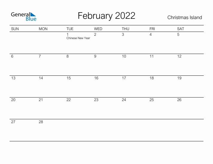 Printable February 2022 Calendar for Christmas Island