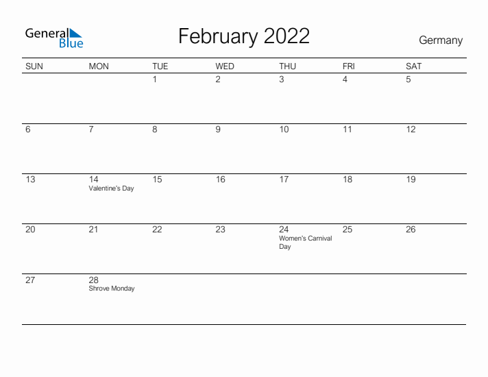 Printable February 2022 Calendar for Germany