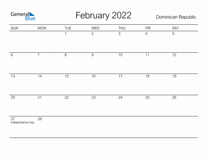 Printable February 2022 Calendar for Dominican Republic