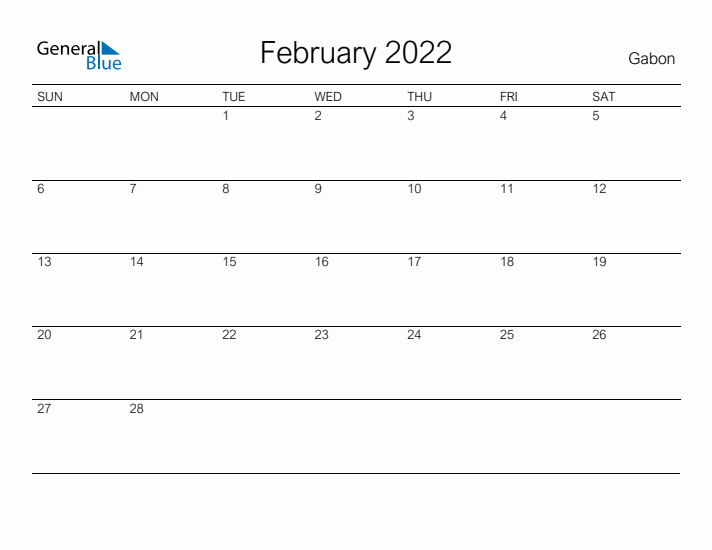 Printable February 2022 Calendar for Gabon