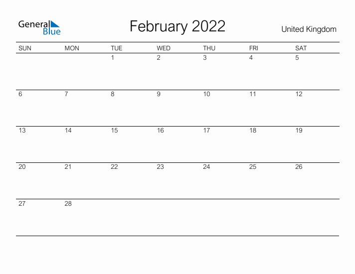 Printable February 2022 Calendar for United Kingdom