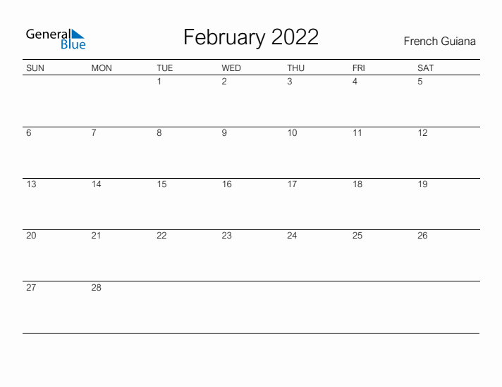 Printable February 2022 Calendar for French Guiana