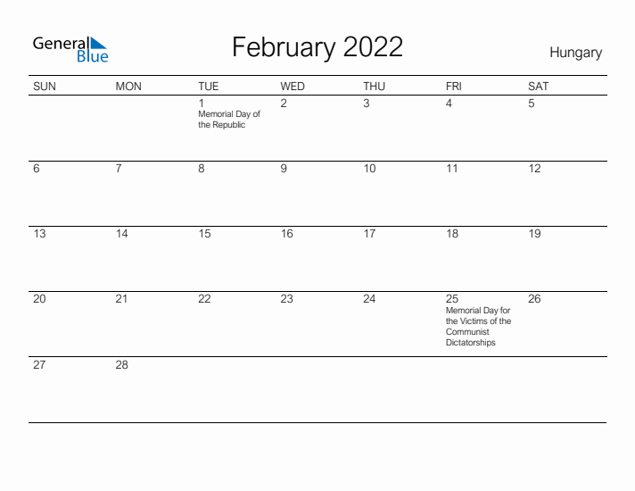 Printable February 2022 Calendar for Hungary