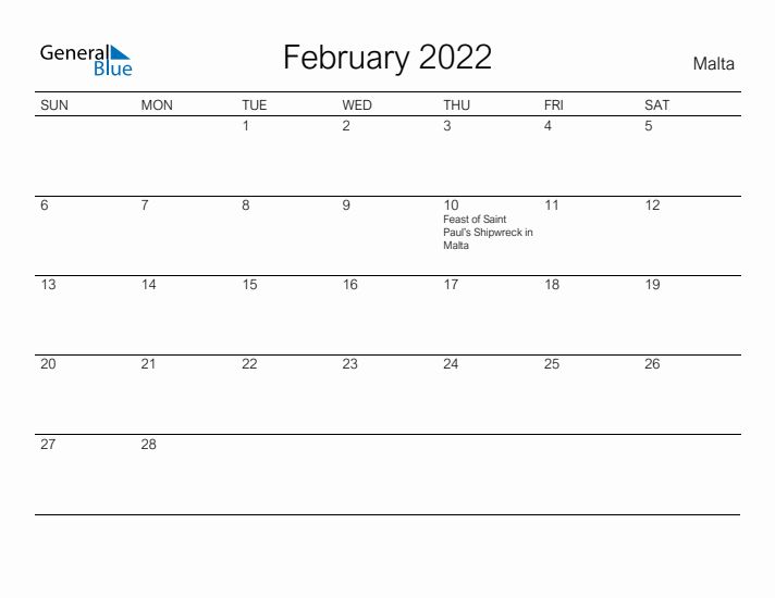 Printable February 2022 Calendar for Malta