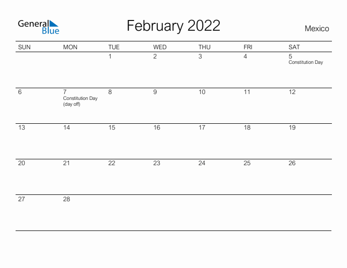 Printable February 2022 Calendar for Mexico