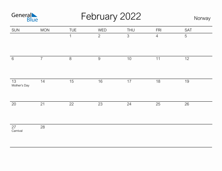 Printable February 2022 Calendar for Norway