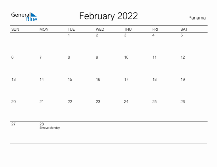 Printable February 2022 Calendar for Panama