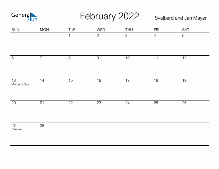 Printable February 2022 Calendar for Svalbard and Jan Mayen