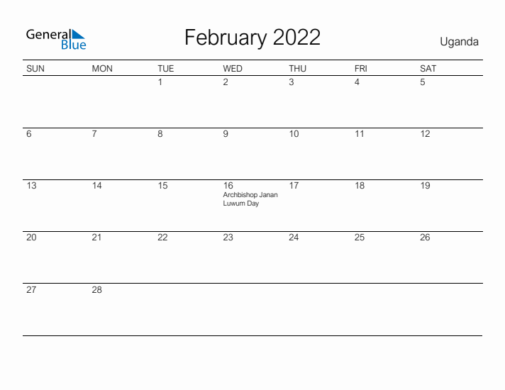 Printable February 2022 Calendar for Uganda