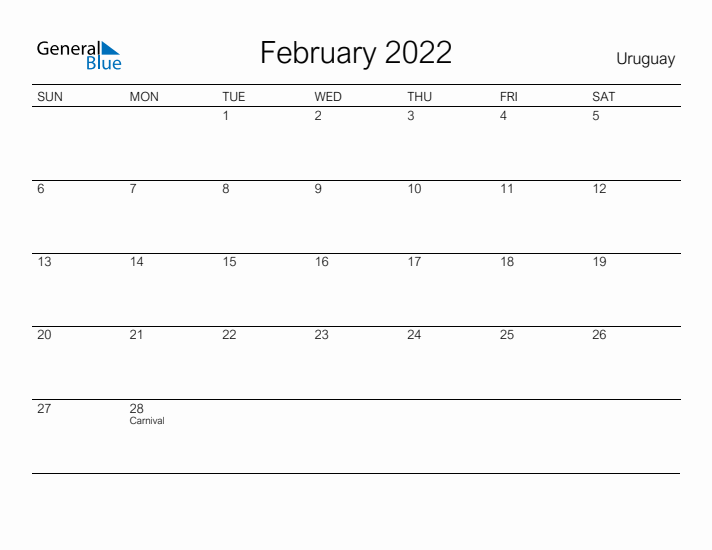 Printable February 2022 Calendar for Uruguay