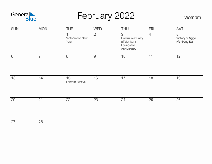 Printable February 2022 Calendar for Vietnam