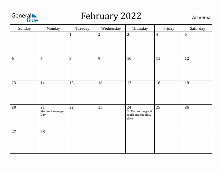 February 2022 Calendar Armenia