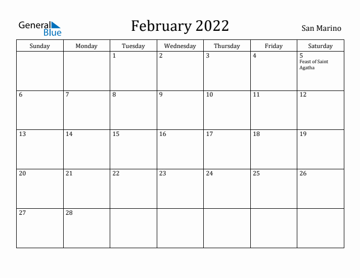 February 2022 Calendar San Marino