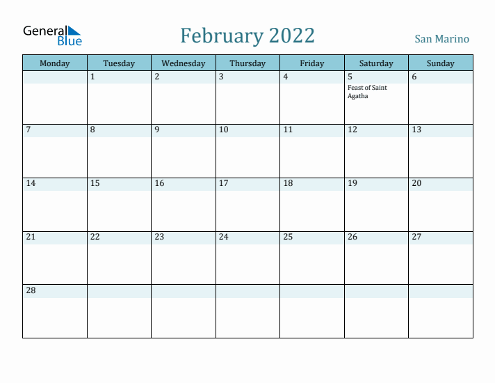 February 2022 Calendar with Holidays