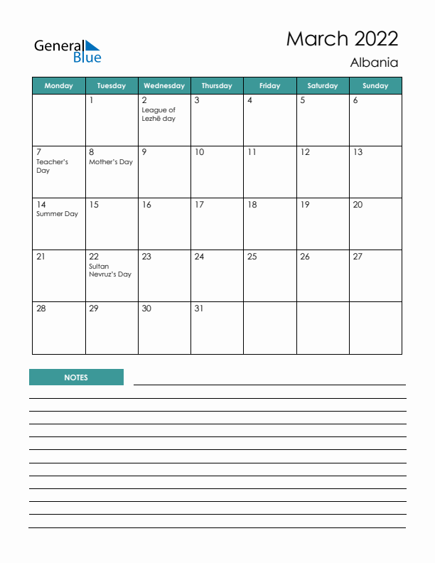 Calendar with Notes Printable - Monday Start