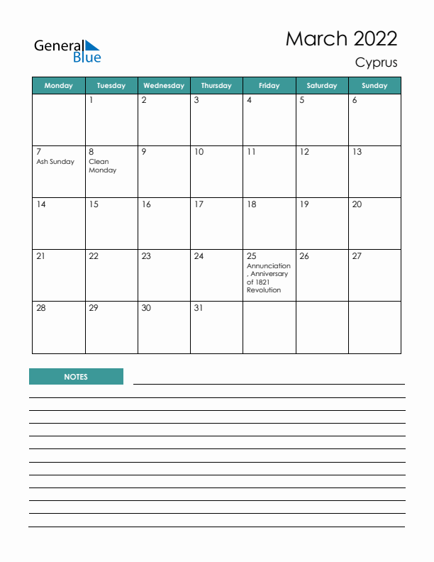 Calendar with Notes Printable - Monday Start