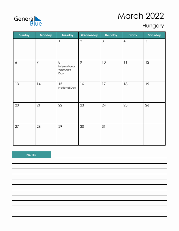 Calendar with Notes Printable - Sunday Start