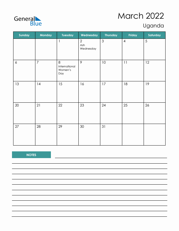 Calendar with Notes Printable - Sunday Start