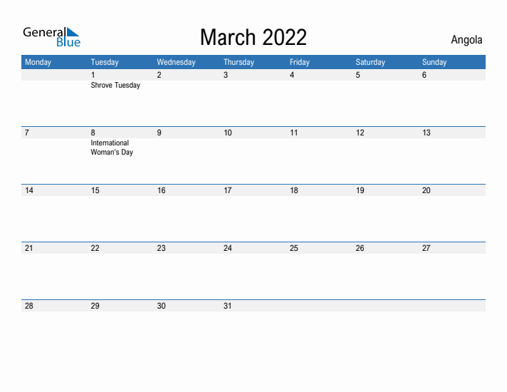 Fillable March 2022 Calendar