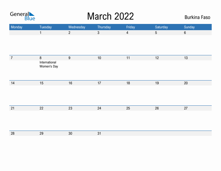 Fillable March 2022 Calendar