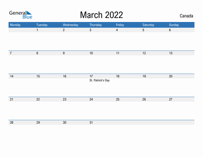 Fillable March 2022 Calendar