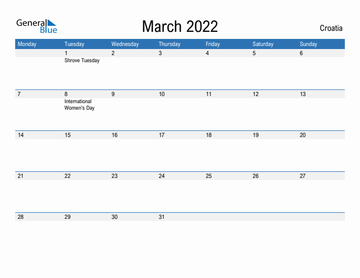 Fillable March 2022 Calendar