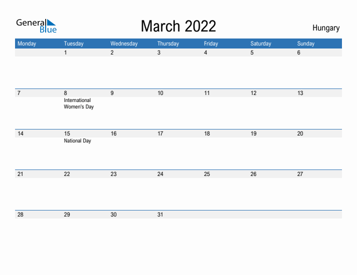 Fillable March 2022 Calendar