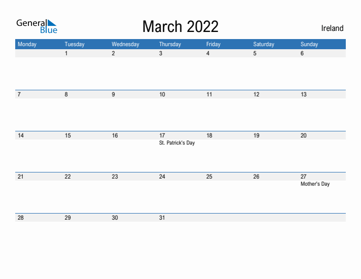 Fillable March 2022 Calendar