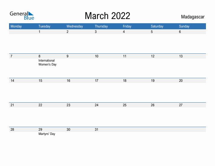 Fillable March 2022 Calendar