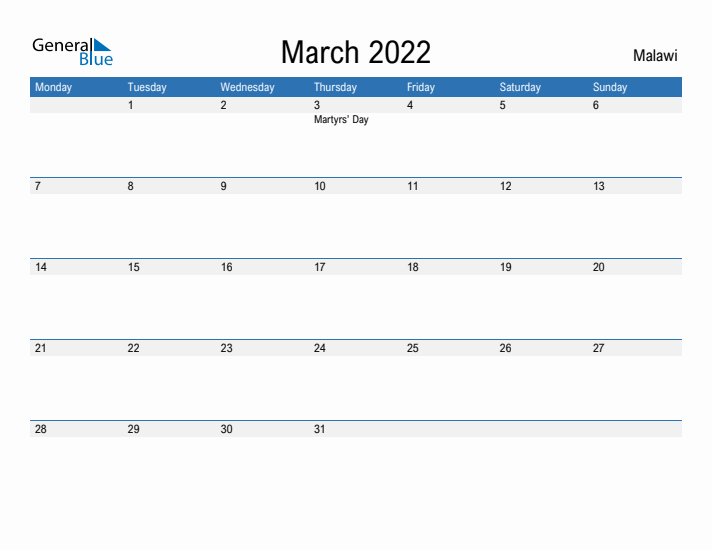 Fillable March 2022 Calendar