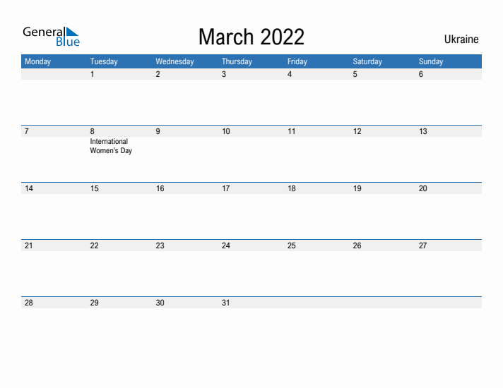 Fillable March 2022 Calendar