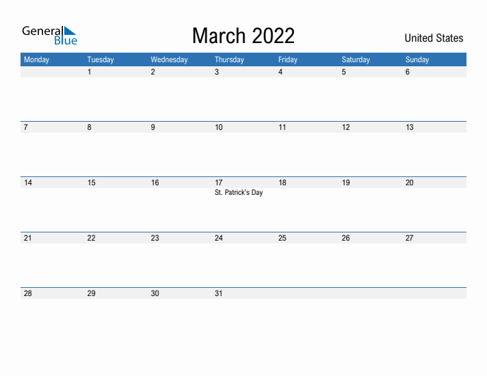 Fillable March 2022 Calendar