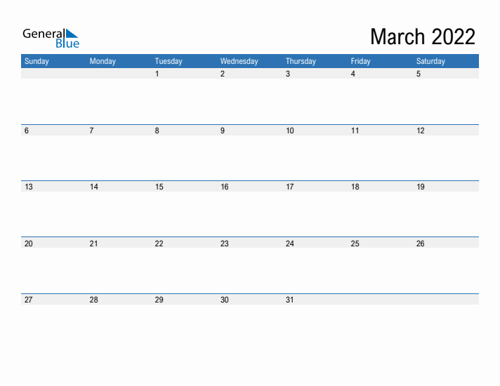 Fillable Calendar for March 2022