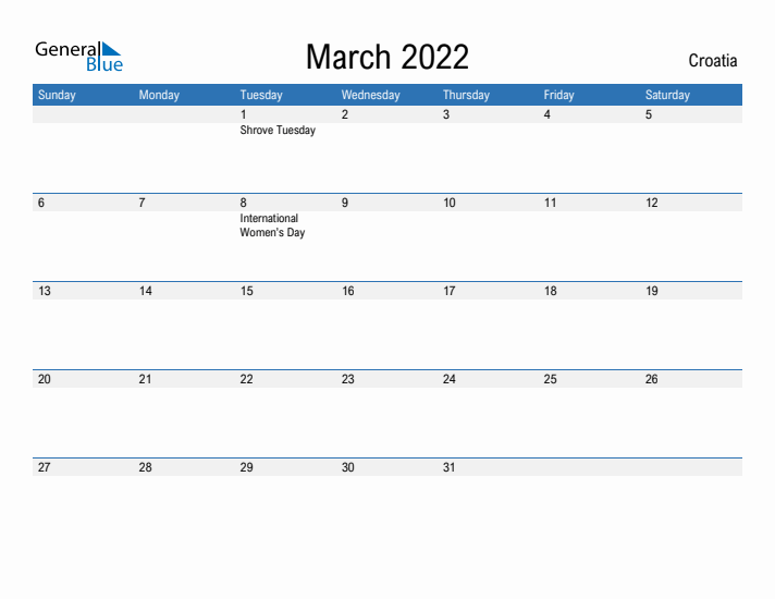 Fillable March 2022 Calendar