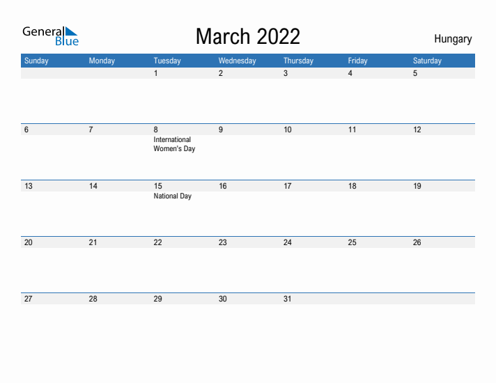 Fillable March 2022 Calendar