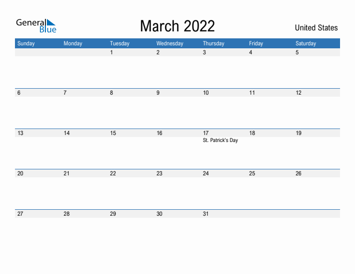 Fillable March 2022 Calendar