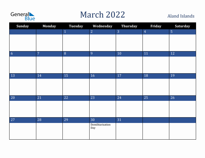 March 2022 Aland Islands Calendar (Sunday Start)