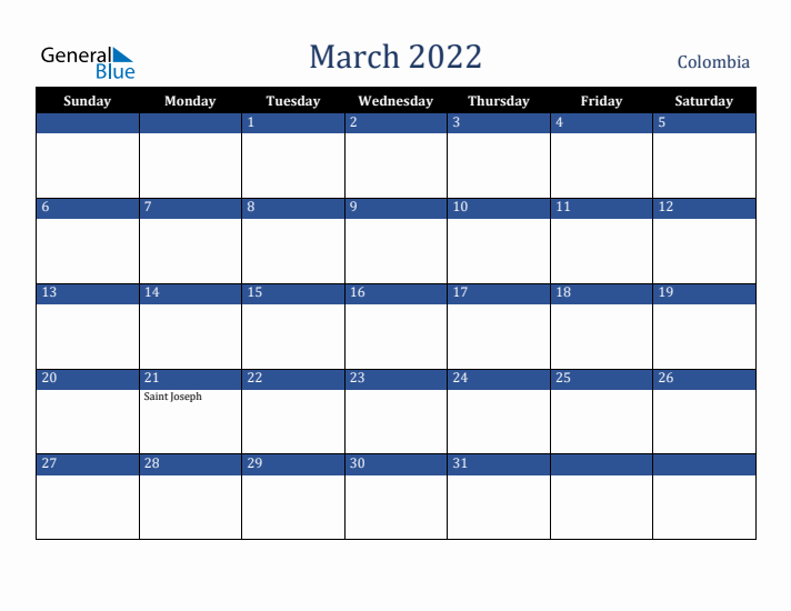 March 2022 Colombia Calendar (Sunday Start)