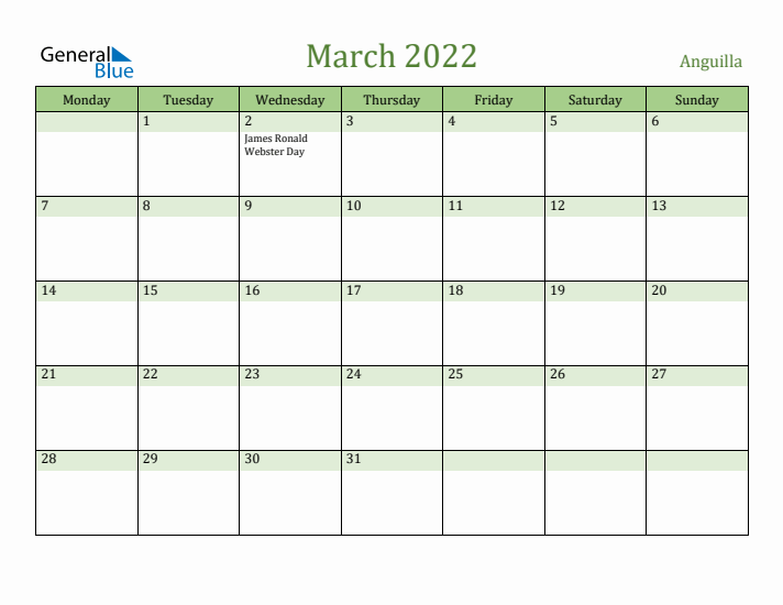 March 2022 Calendar with Anguilla Holidays