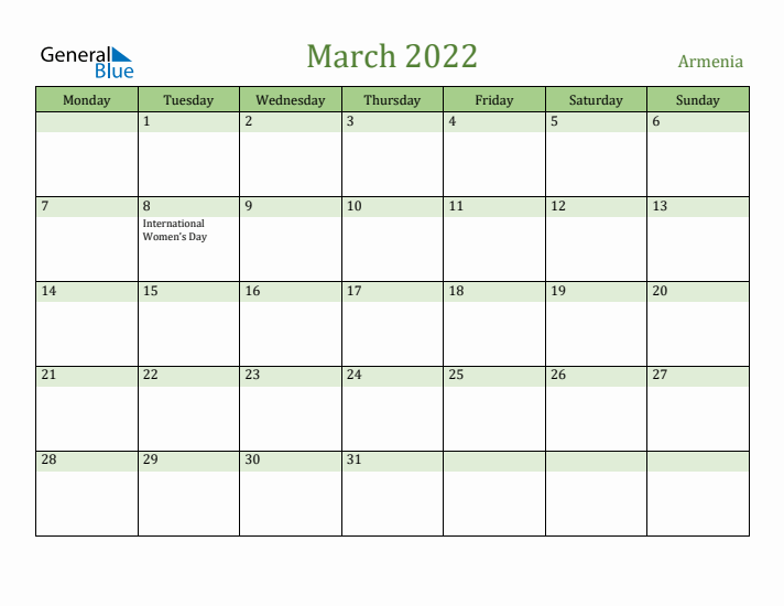 March 2022 Calendar with Armenia Holidays