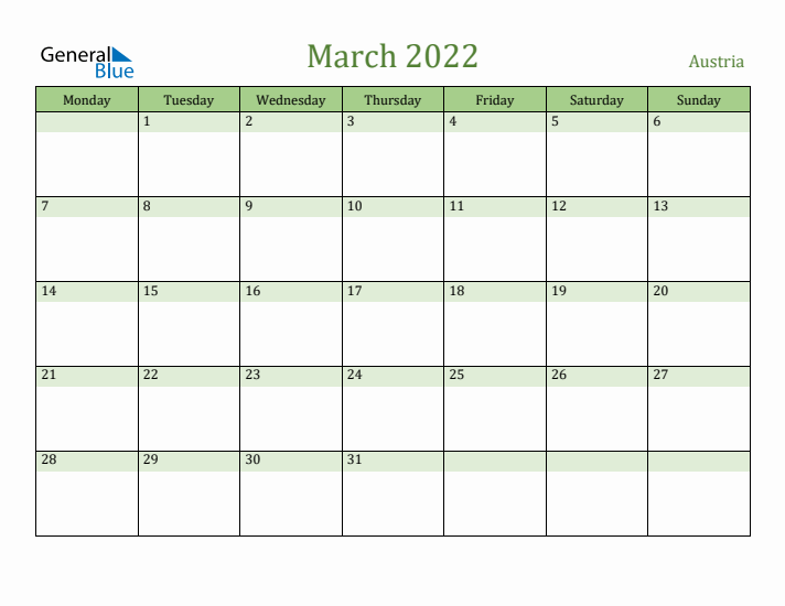 March 2022 Calendar with Austria Holidays