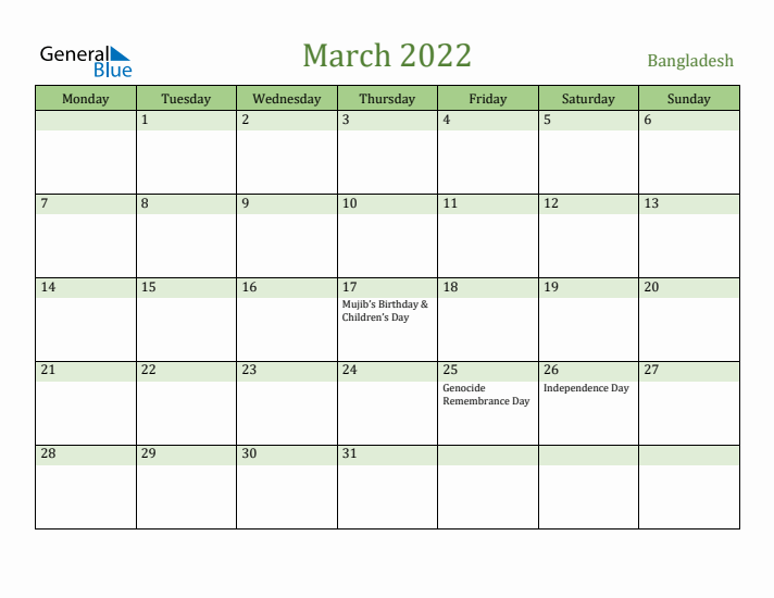 March 2022 Calendar with Bangladesh Holidays